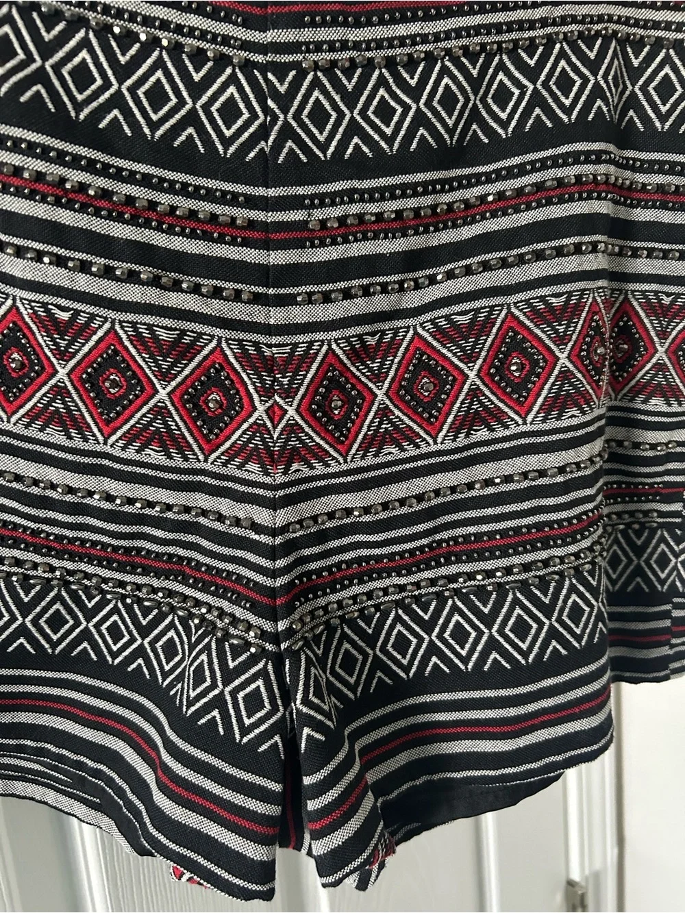 Divided H&M White Black & Red Geometric Print Shorts with Silver Beads